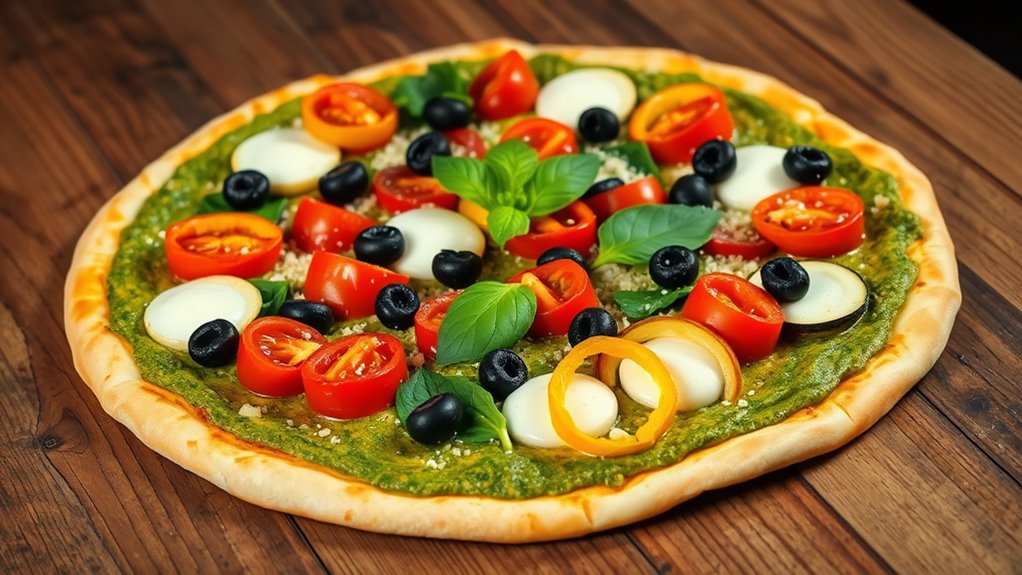 pesto topped vegetable pizza